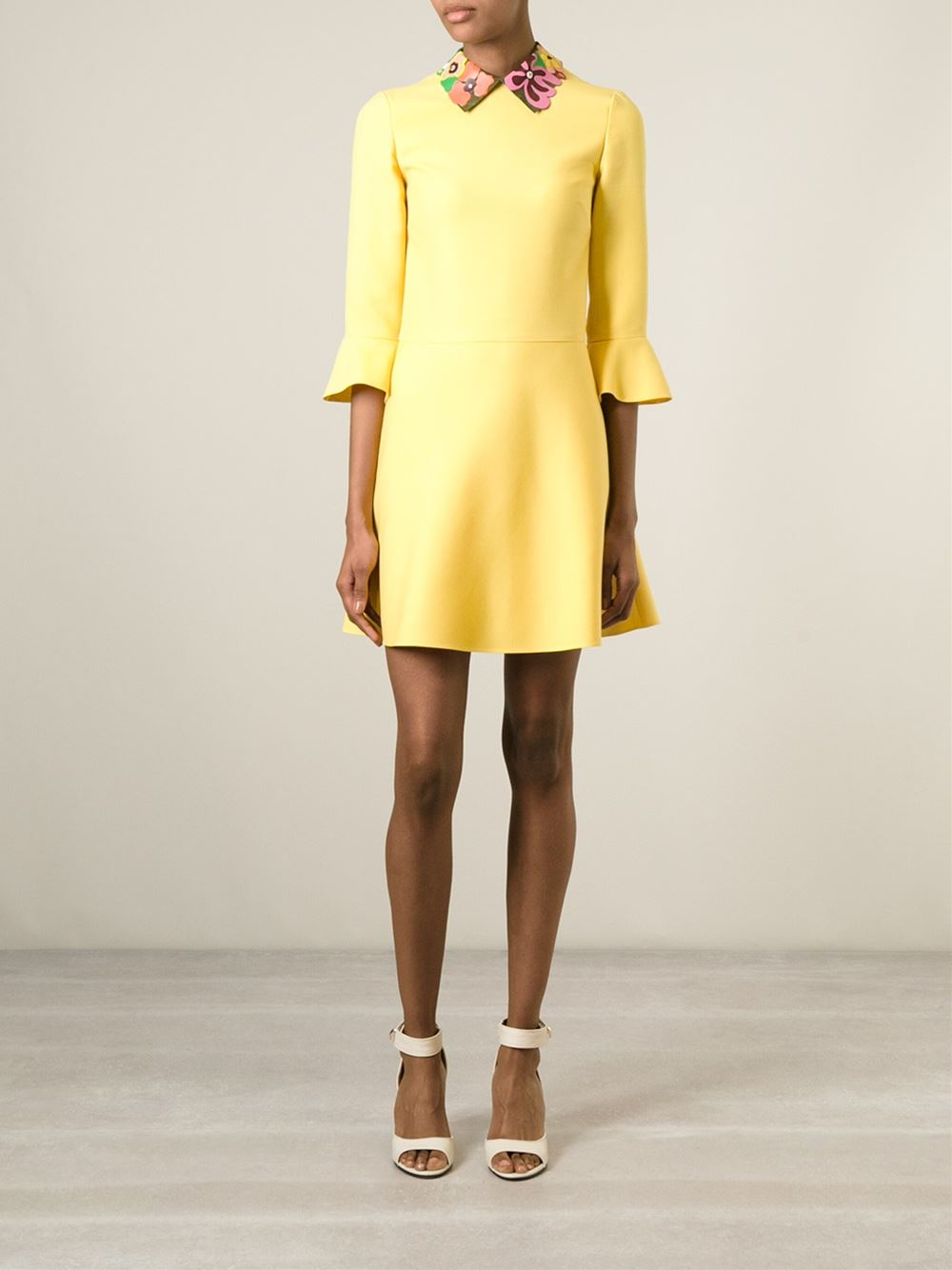 Lyst Valentino FloralCollar Silk and WoolBlend Dress in Yellow