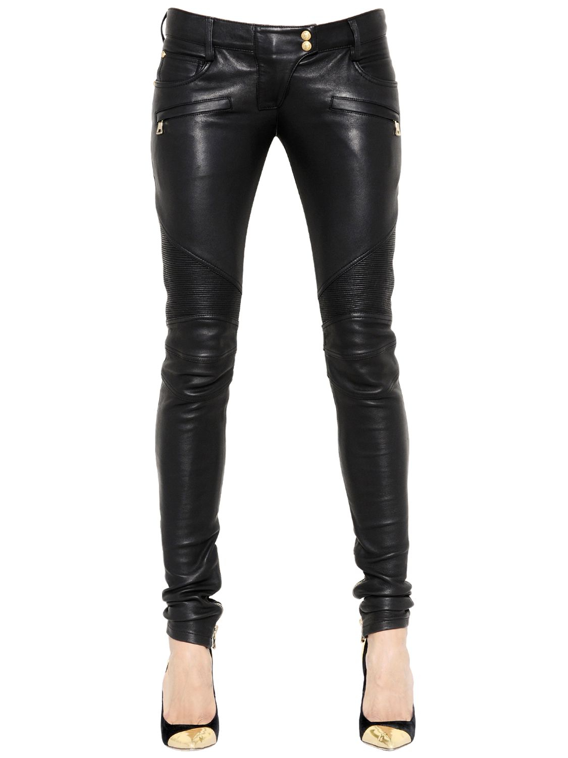 Lyst - Balmain Nappa Leather Biker Pants in Black