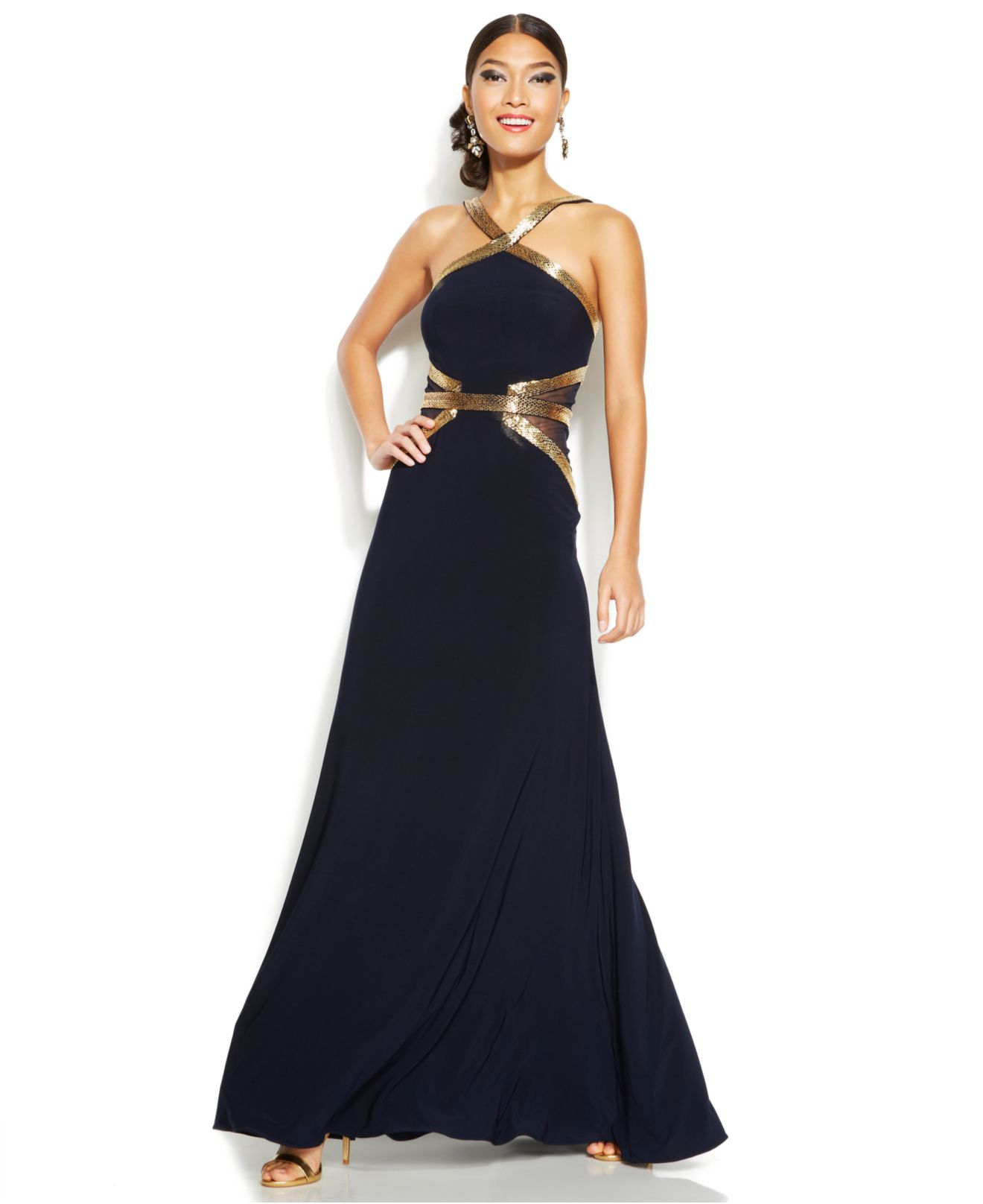 Betsy & adam BeadTrim Illusion Panel Halter Gown in Blue Lyst