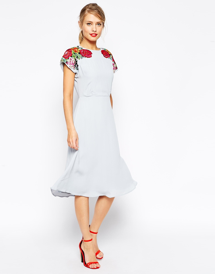 Lyst Asos  Midi Skater Dress  With Embroidered  Shoulder 