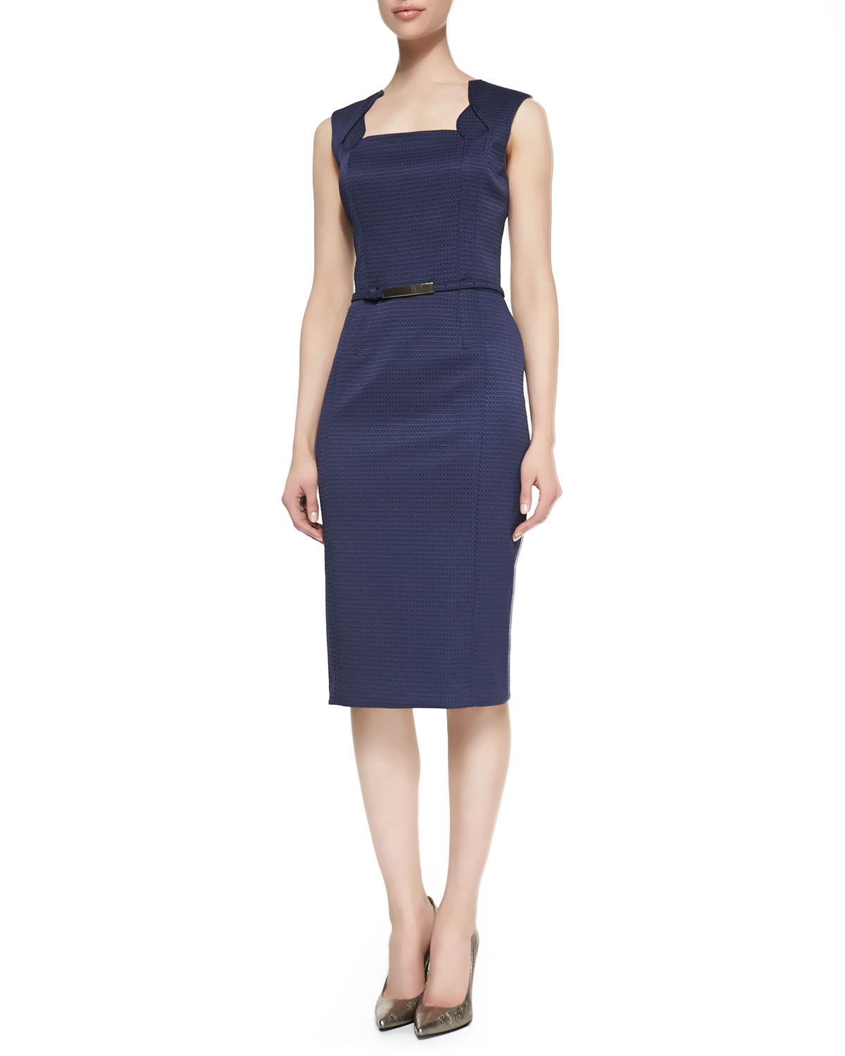 David Meister Sleeveless Belted Sheath Dress Navy in Blue (NAVY) | Lyst