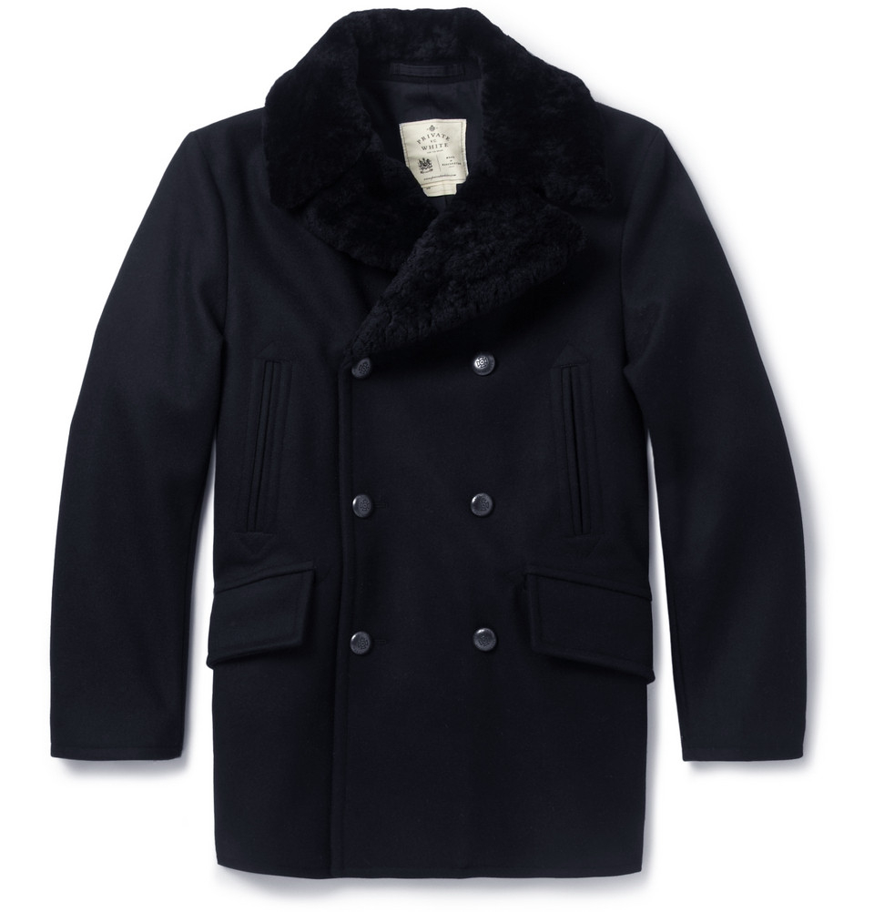 Lyst - Private White V.C. Shearling Collar Wool Peacoat in Blue for Men