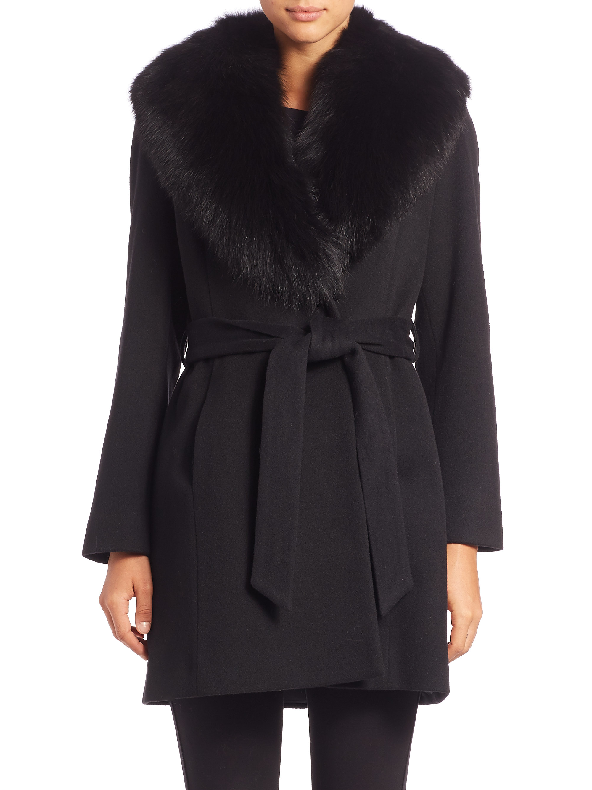 Sofia cashmere Wool & Cashmere Fur-trimmed Short Wrap Coat in Black