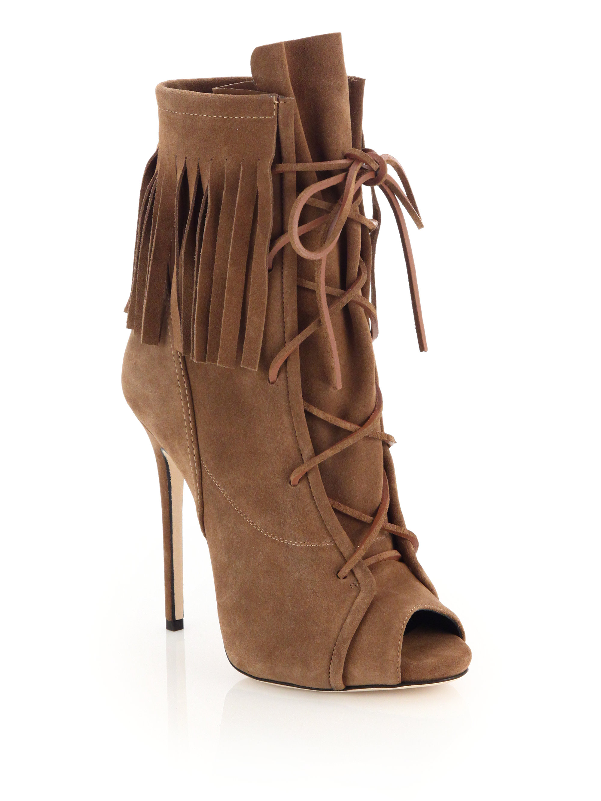Lyst - Giuseppe Zanotti Fringed Suede Lace-up Peep-toe Booties in Brown