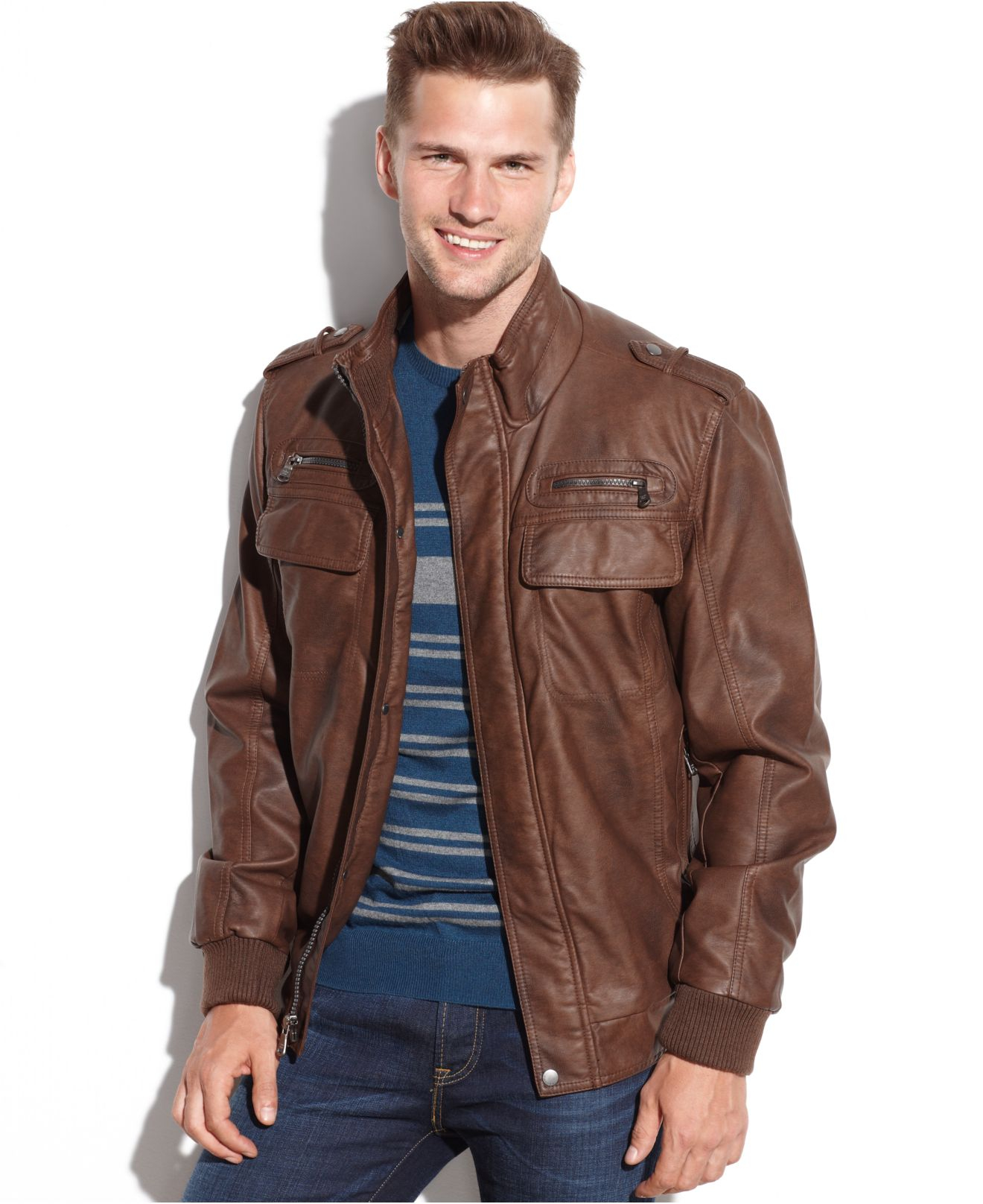 Calvin klein Faux Leather Bomber Jacket in Brown for Men | Lyst