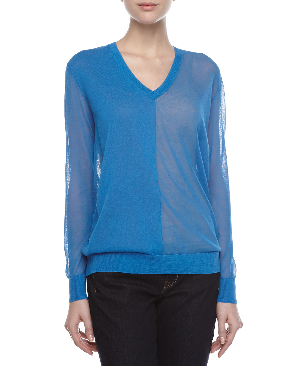 Lyst - Halston Vneck Sheer Knit Combo Tunic in Blue