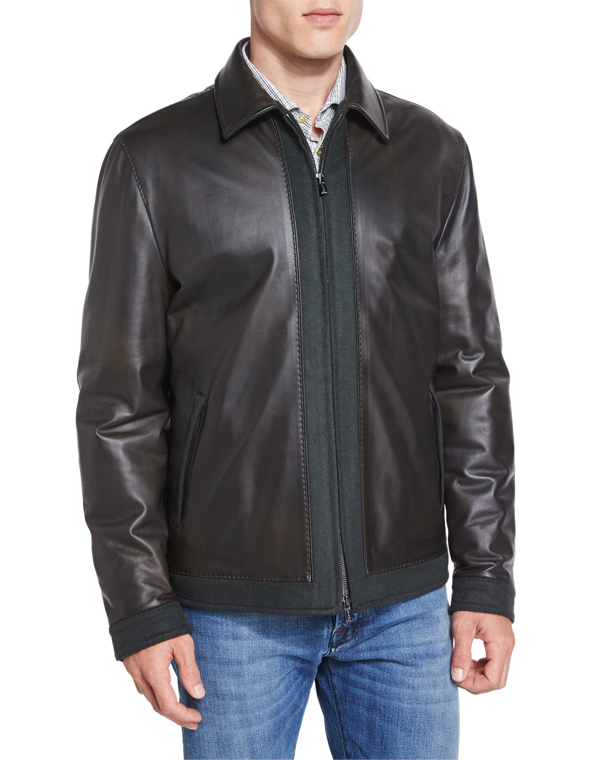 Kiton Leather Bomber Jacket With Cashmere Trim in Black for Men | Lyst