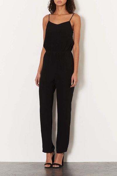 Topshop Tall Satin Strappy Jumpsuit in Black | Lyst
