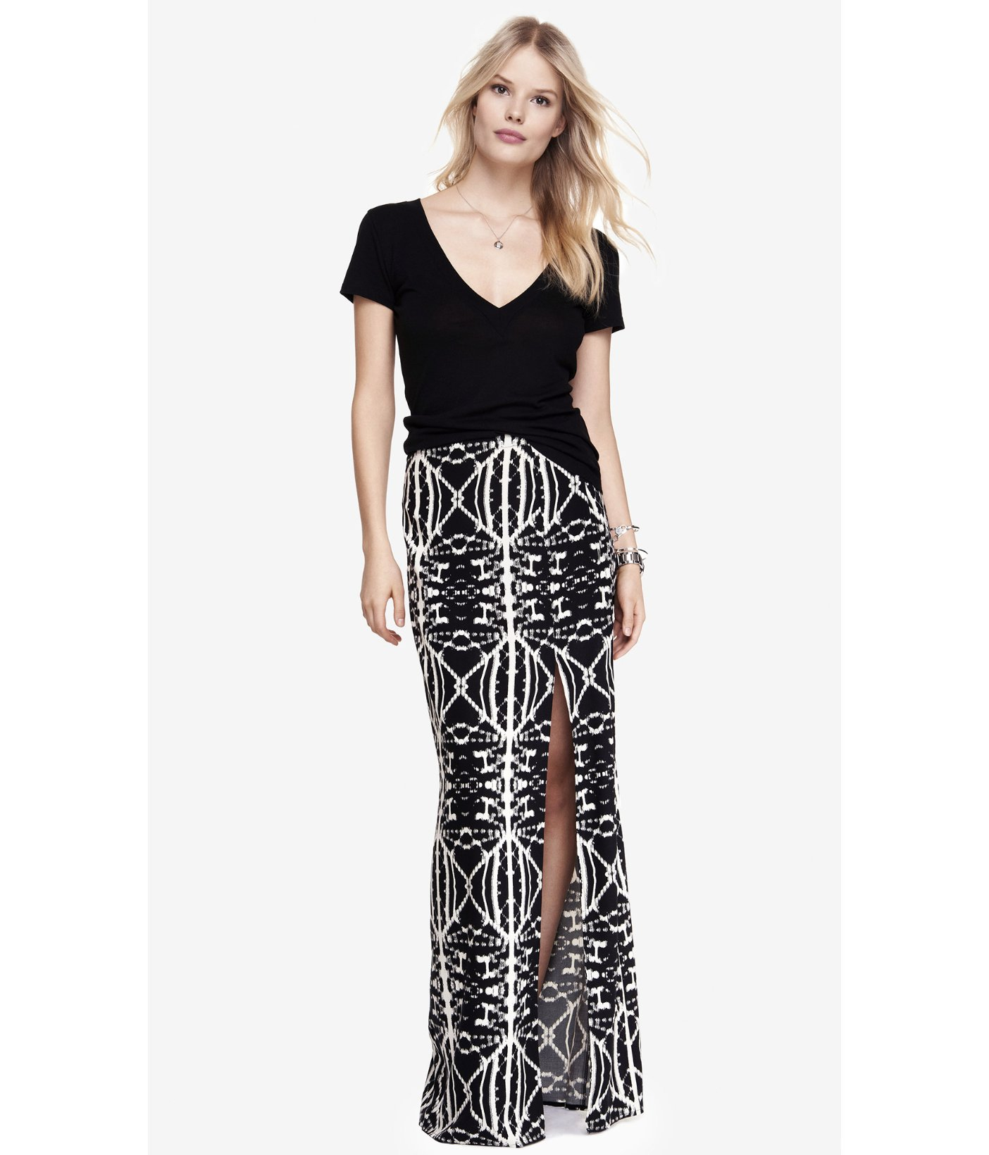 Lyst - Express High Waisted Side Slit Woven Maxi Skirt - Aztec in Black