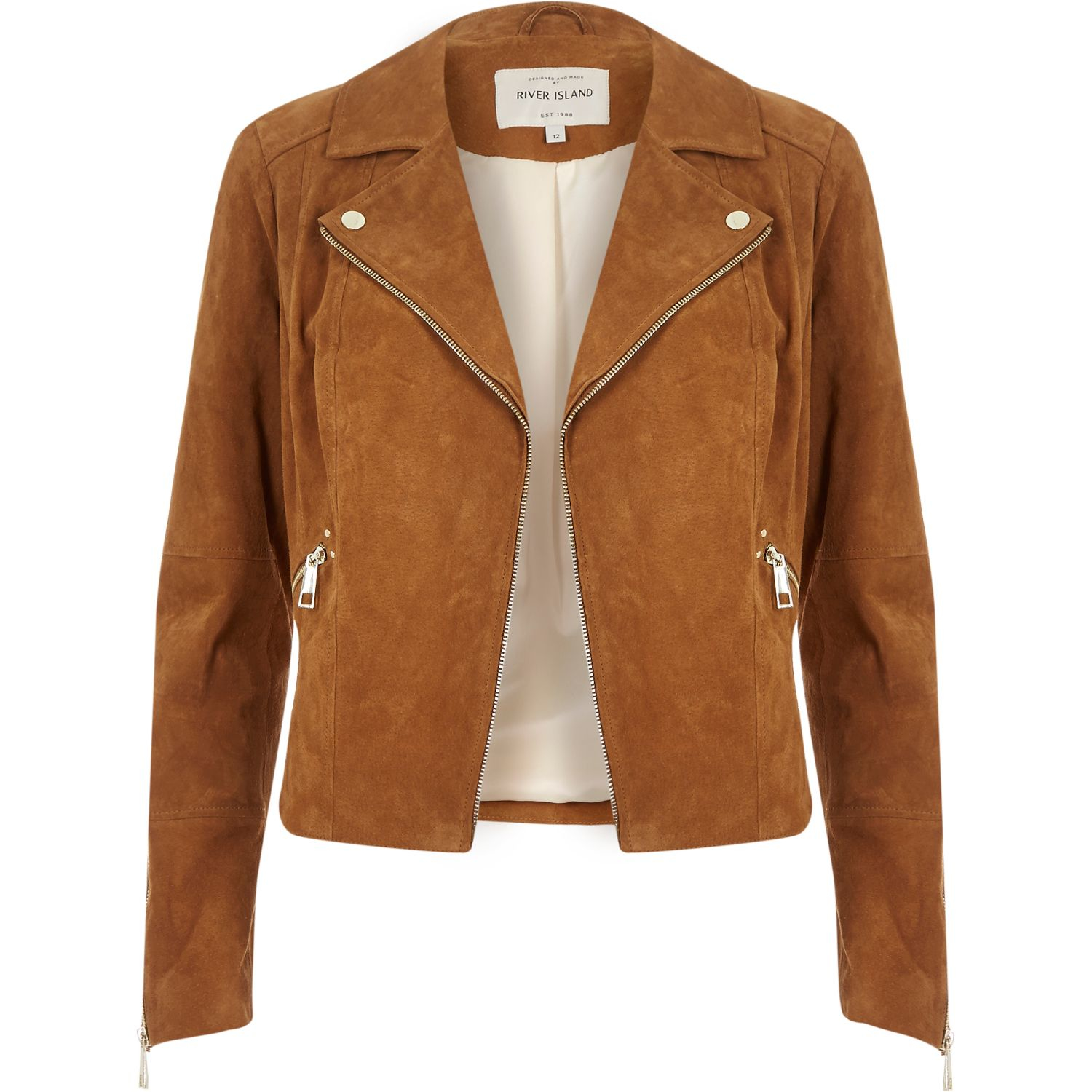 River island Tan Suede Biker Jacket in Brown (tan) | Lyst