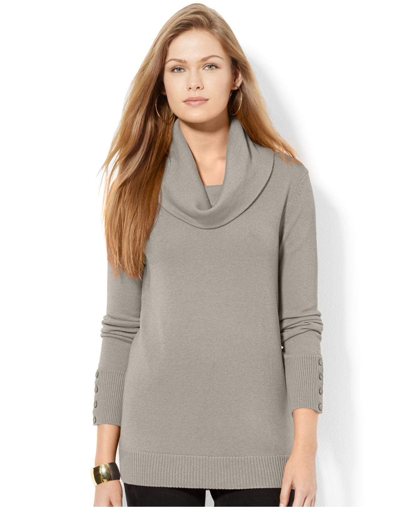 Lyst - Lauren By Ralph Lauren Cowl-Neck Button-Cuff Sweater in Gray