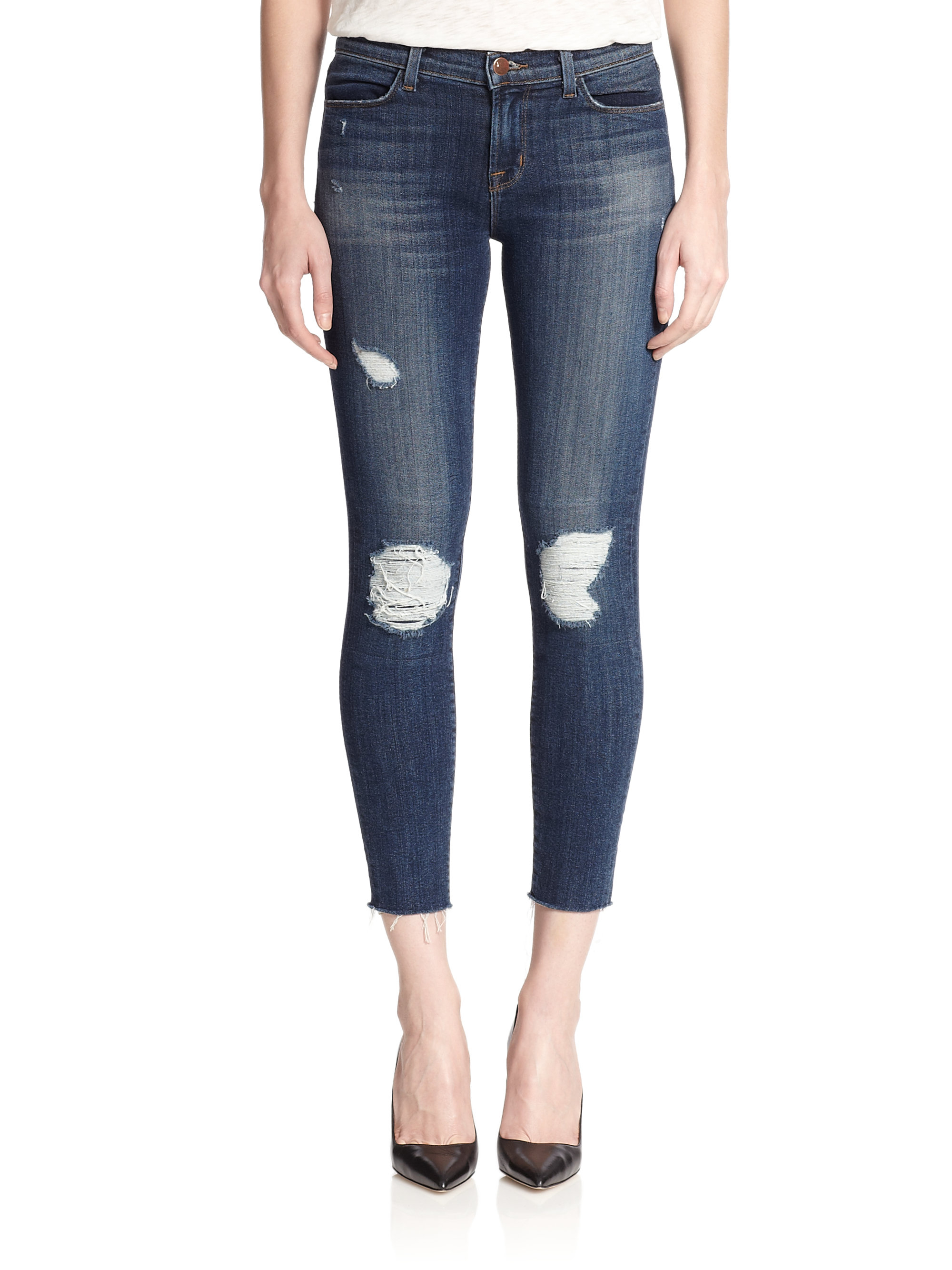 J brand Distressed Cropped Skinny Jeans in Blue | Lyst