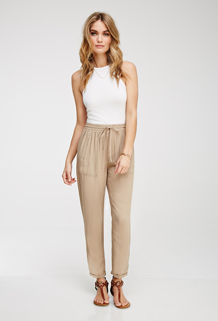 Lyst - Forever 21 Cuffed Drawstring Joggers in Natural
