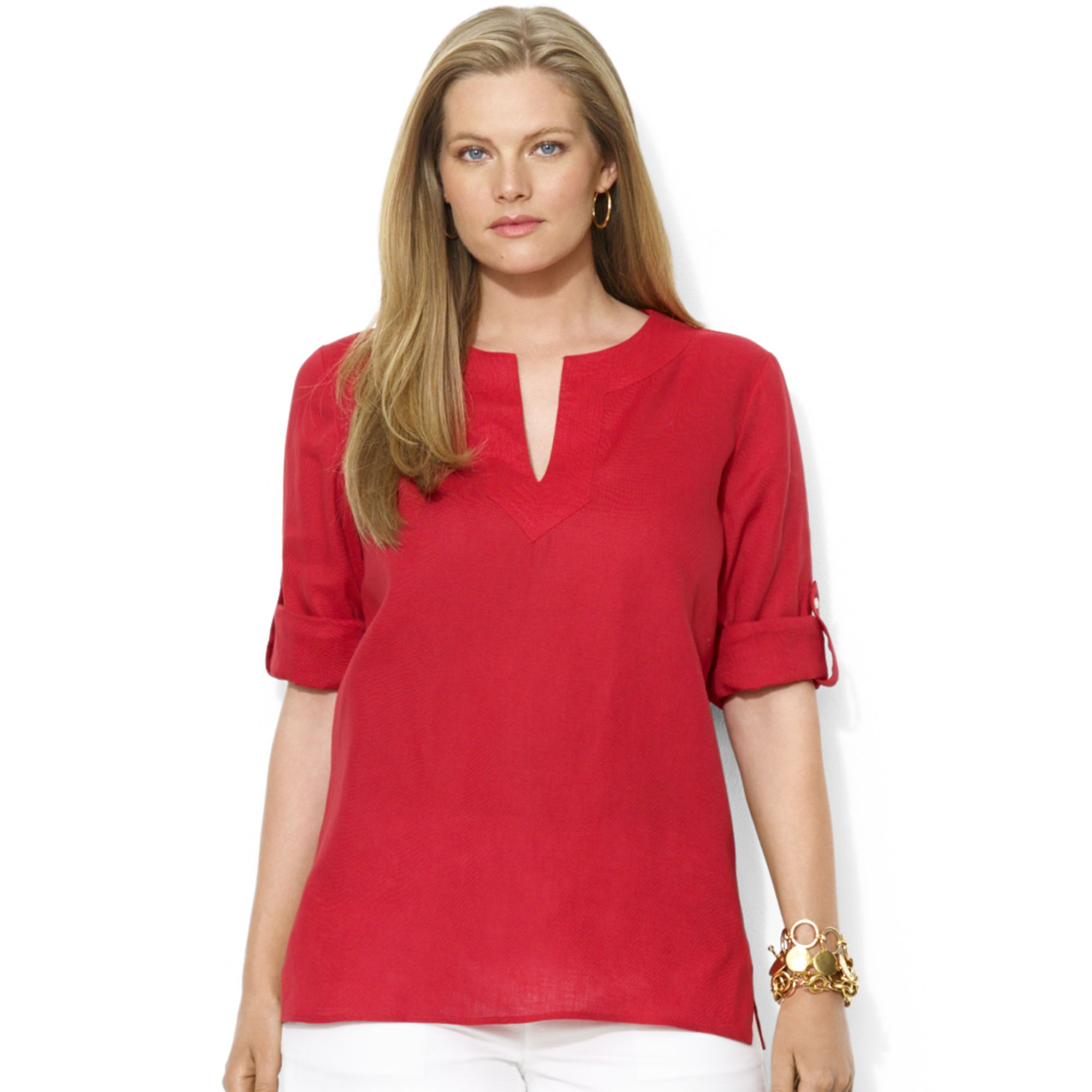 Lyst Lauren By Ralph Lauren Plus Size Tabsleeve Linen Top In Red