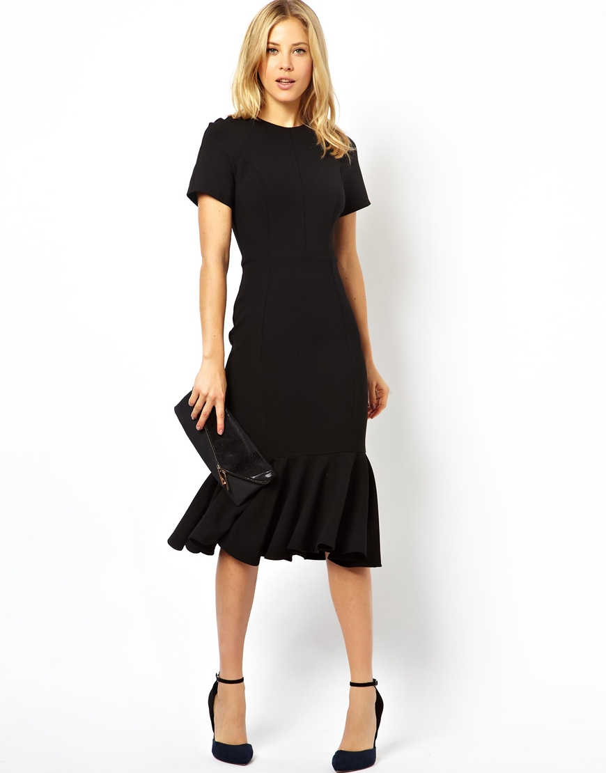 Asos Midi Dress with Peplum Hem in Black | Lyst
