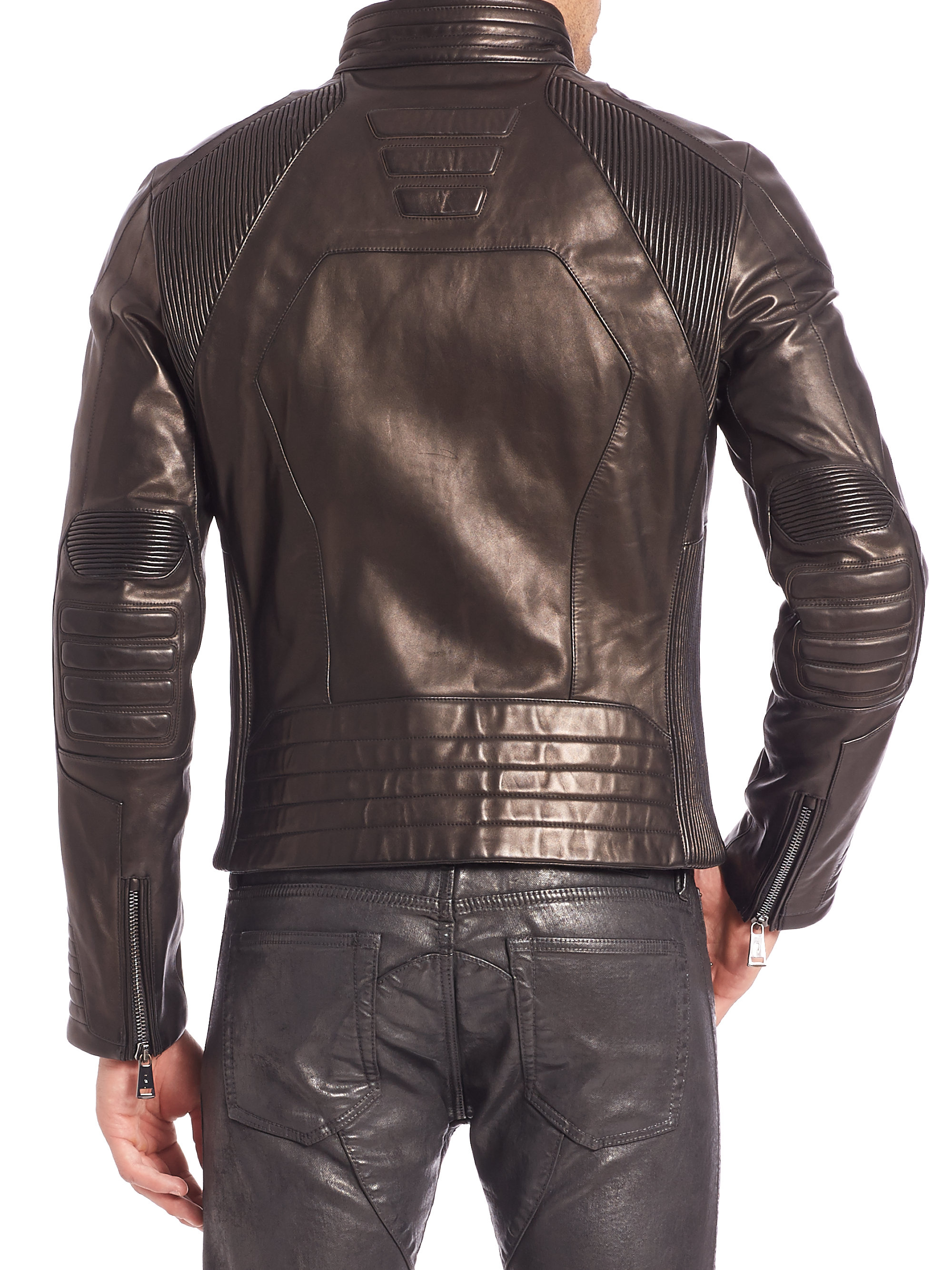 Ralph Lauren Black Label Leather Biker Jacket In Metallic