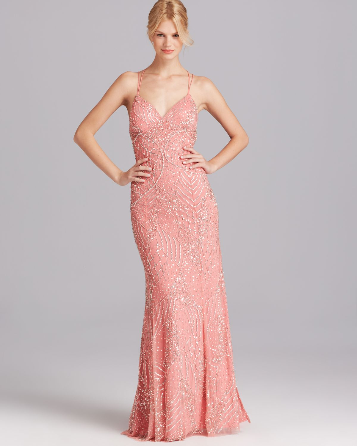 Adrianna Papell Gown Spaghetti Strap Beaded Open Back in Pink - Lyst