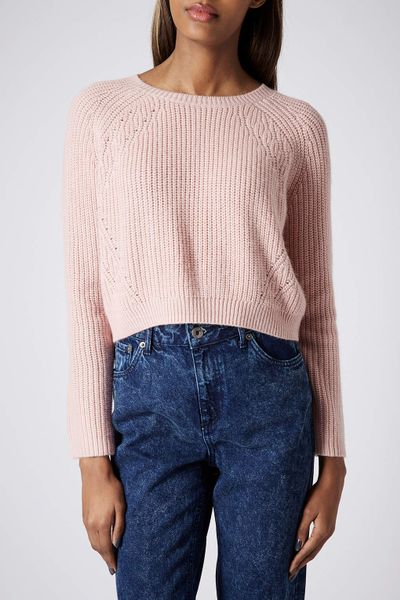 Topshop Petite Ribbed Crop Jumper in Pink (PALE PINK) | Lyst