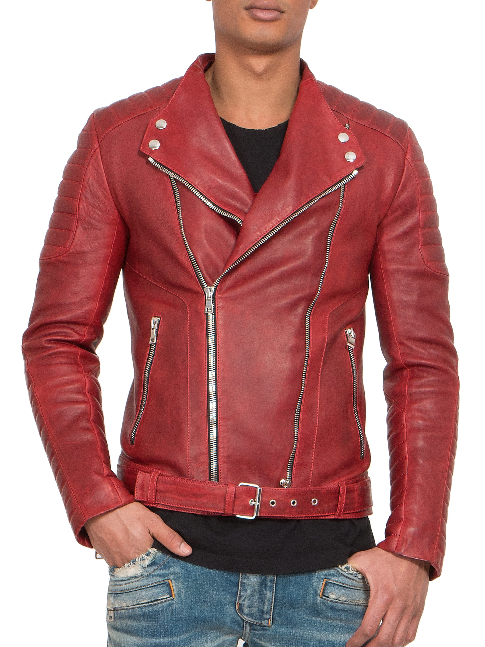 Lyst - Balmain Quilted Leather Biker Jacket in Red for Men