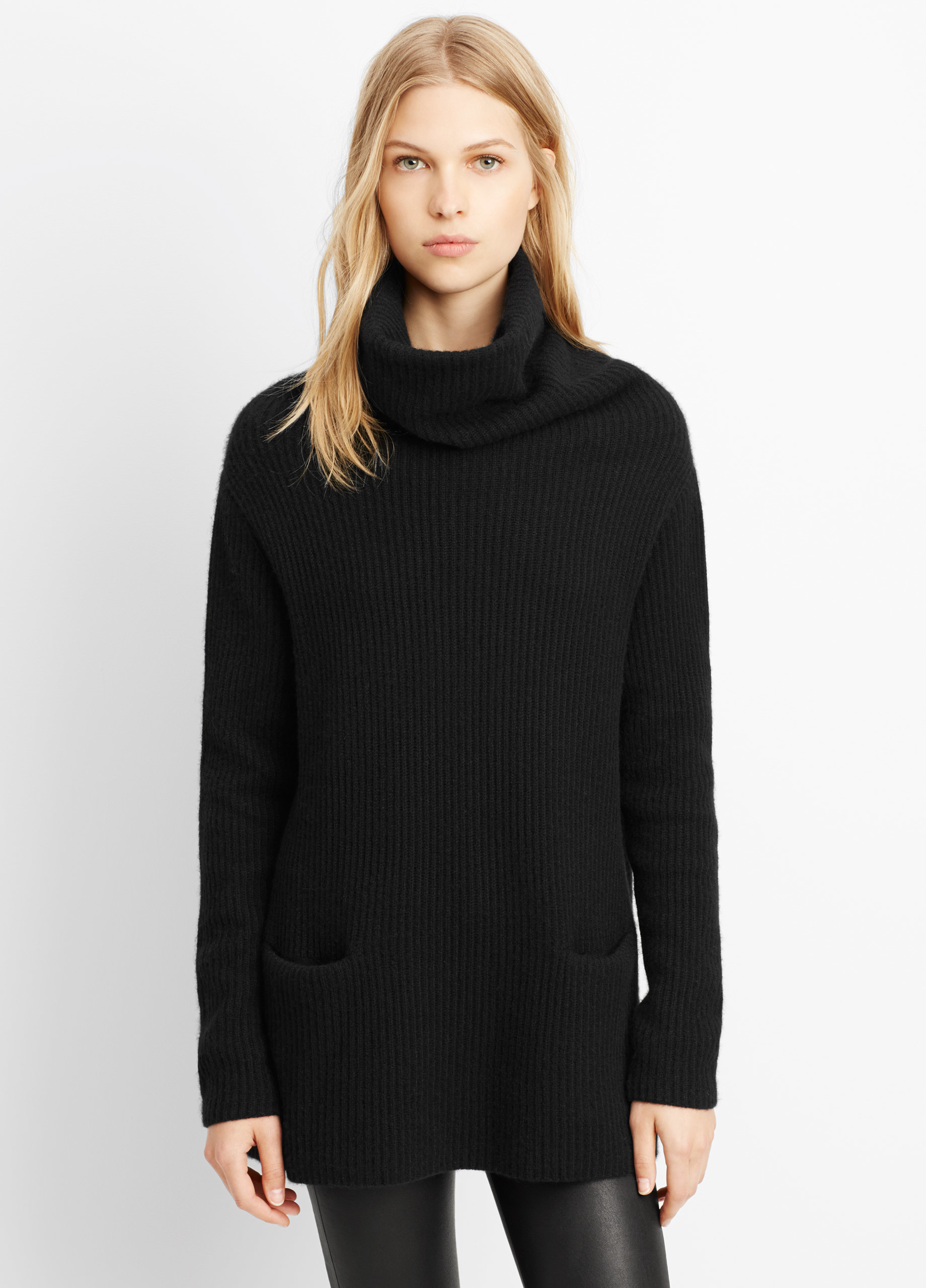 Vince Cashmere Front Pocket Turtleneck Sweater in Black | Lyst