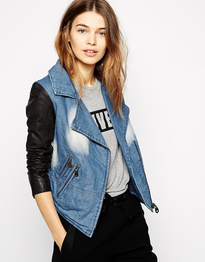 Doma Leather Denim Moto Jacket With Sleeves In Blue Lyst Gallery