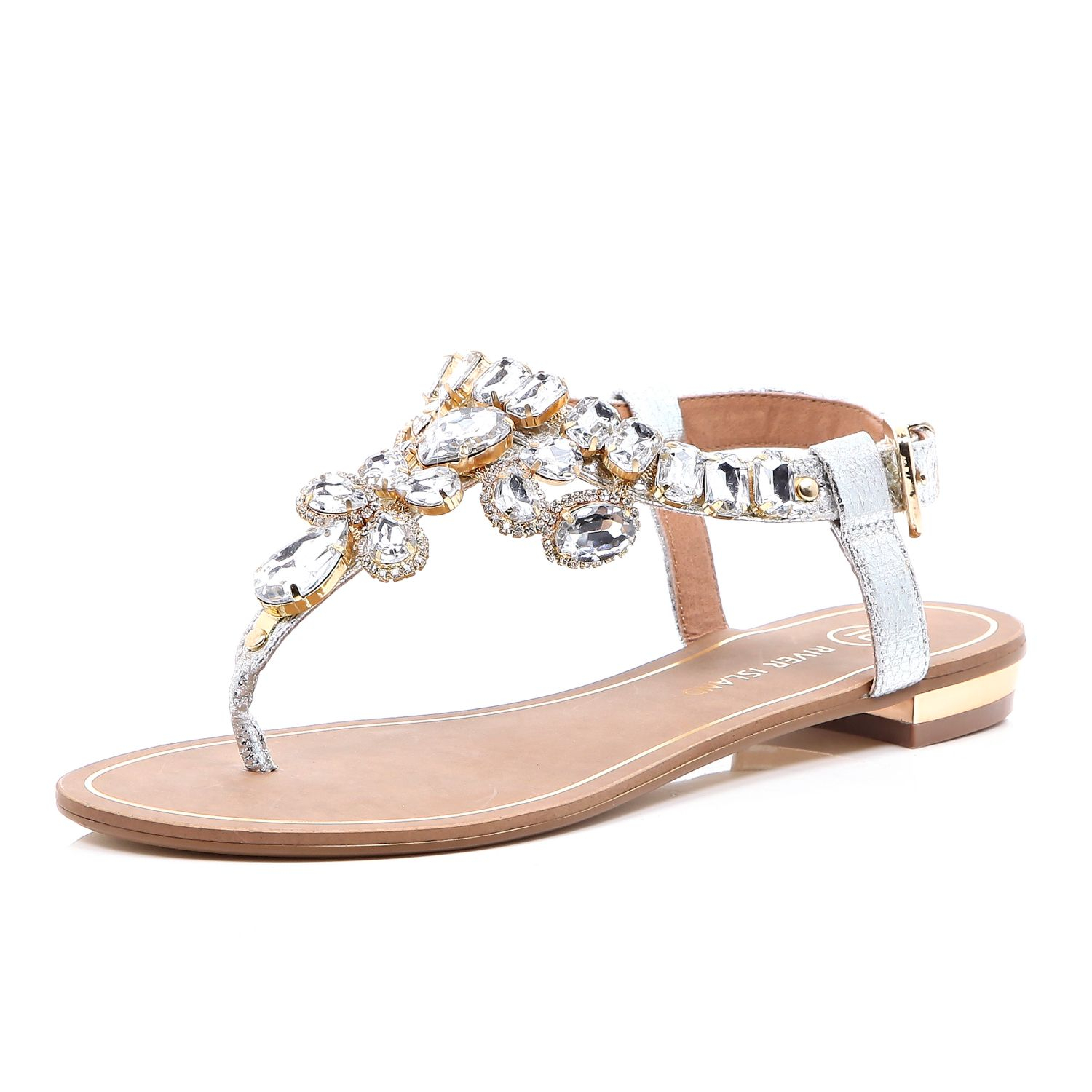 River Island Silver Gemstone Embellished Sandals in Metallic - Lyst