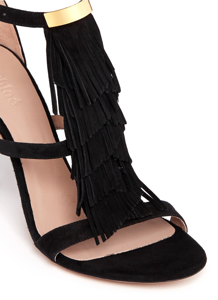 Chloé Tassel Fringe Suede Sandals in Black | Lyst