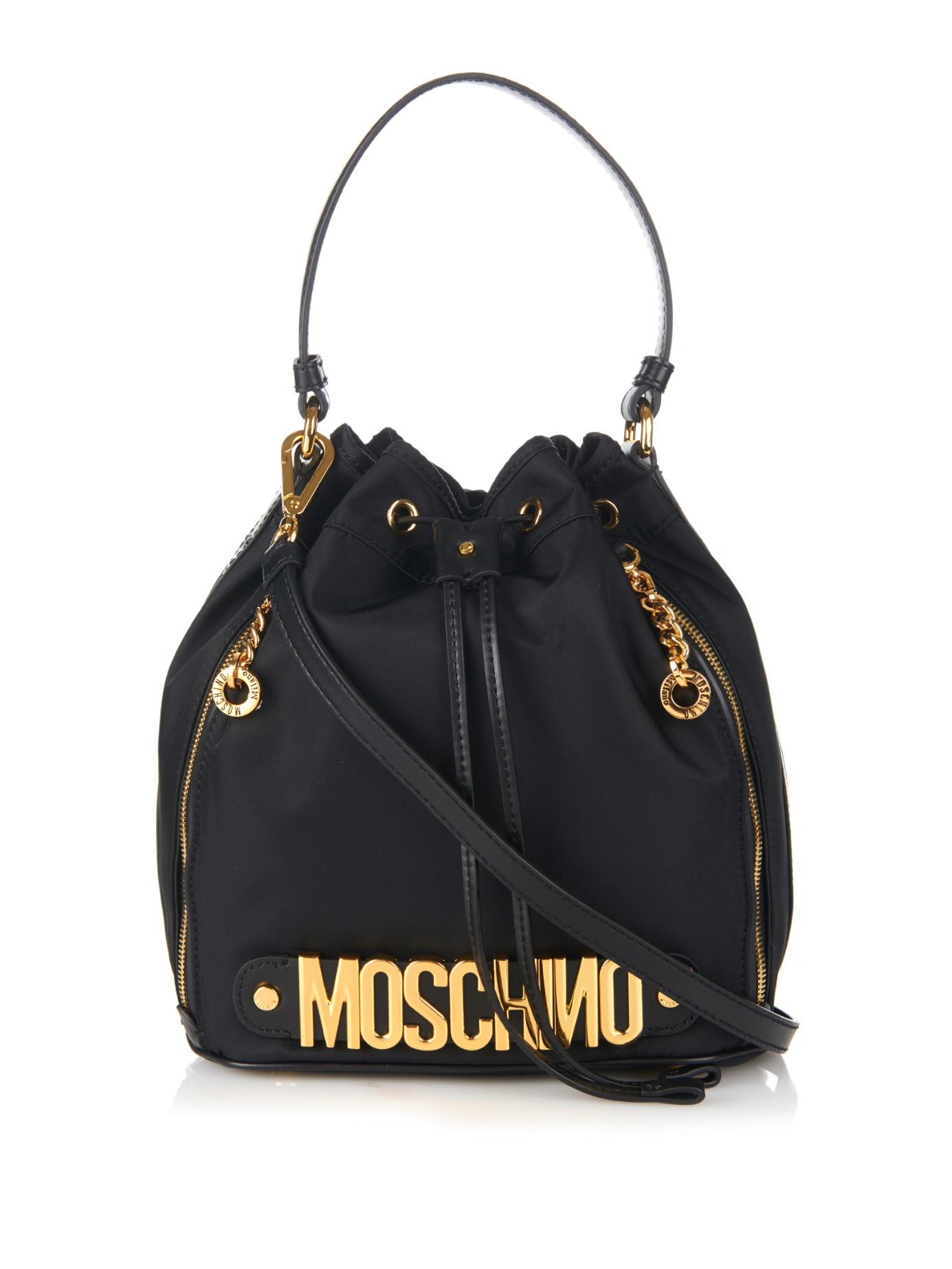 Moschino Lettering Leather And Nylon Bucket Bag in Black | Lyst