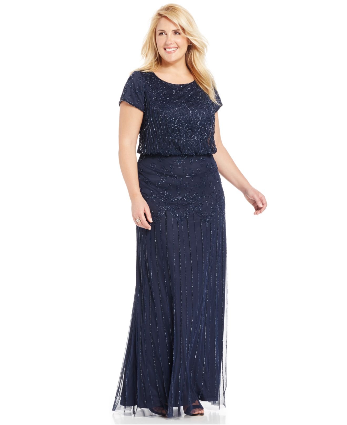 Lyst Adrianna Papell Plus Size Beaded Illusion Blouson Dress In Blue