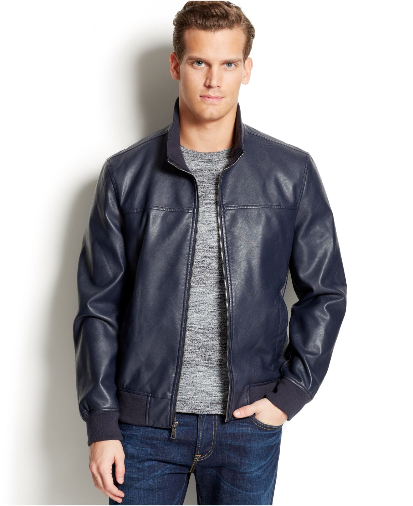 Tommy hilfiger Faux Leather Bomber Jacket in Blue for Men | Lyst