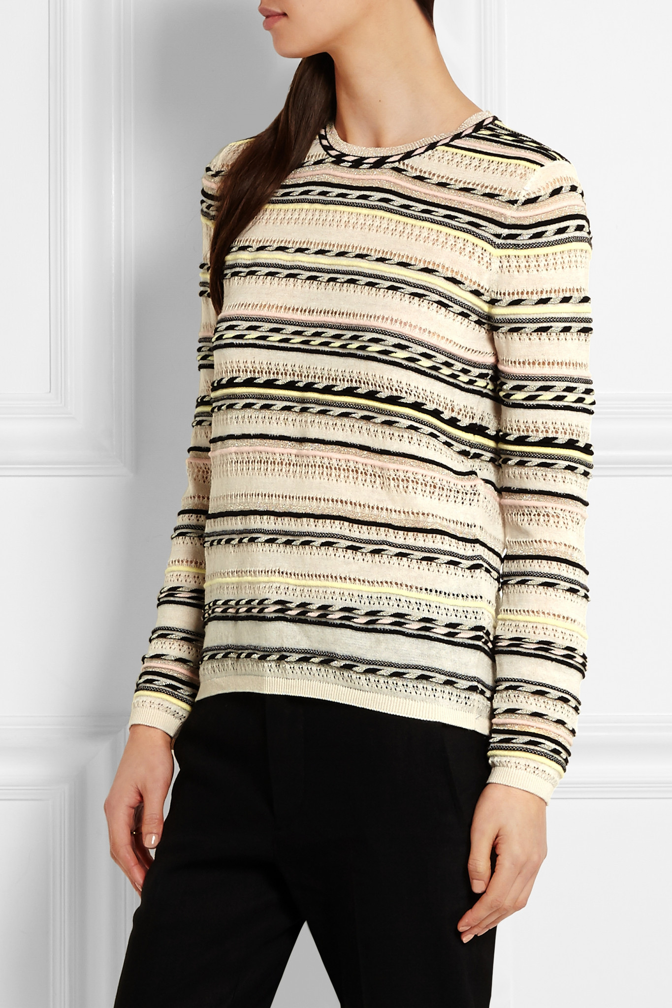 Maje Striped Pointelle-knit Cotton-blend Sweater - Lyst