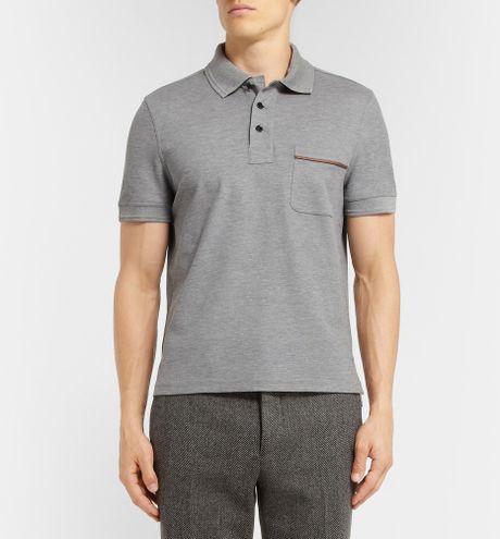 Berluti Leather-Trimmed Cotton-Piquã© Polo Shirt in Gray for Men | Lyst