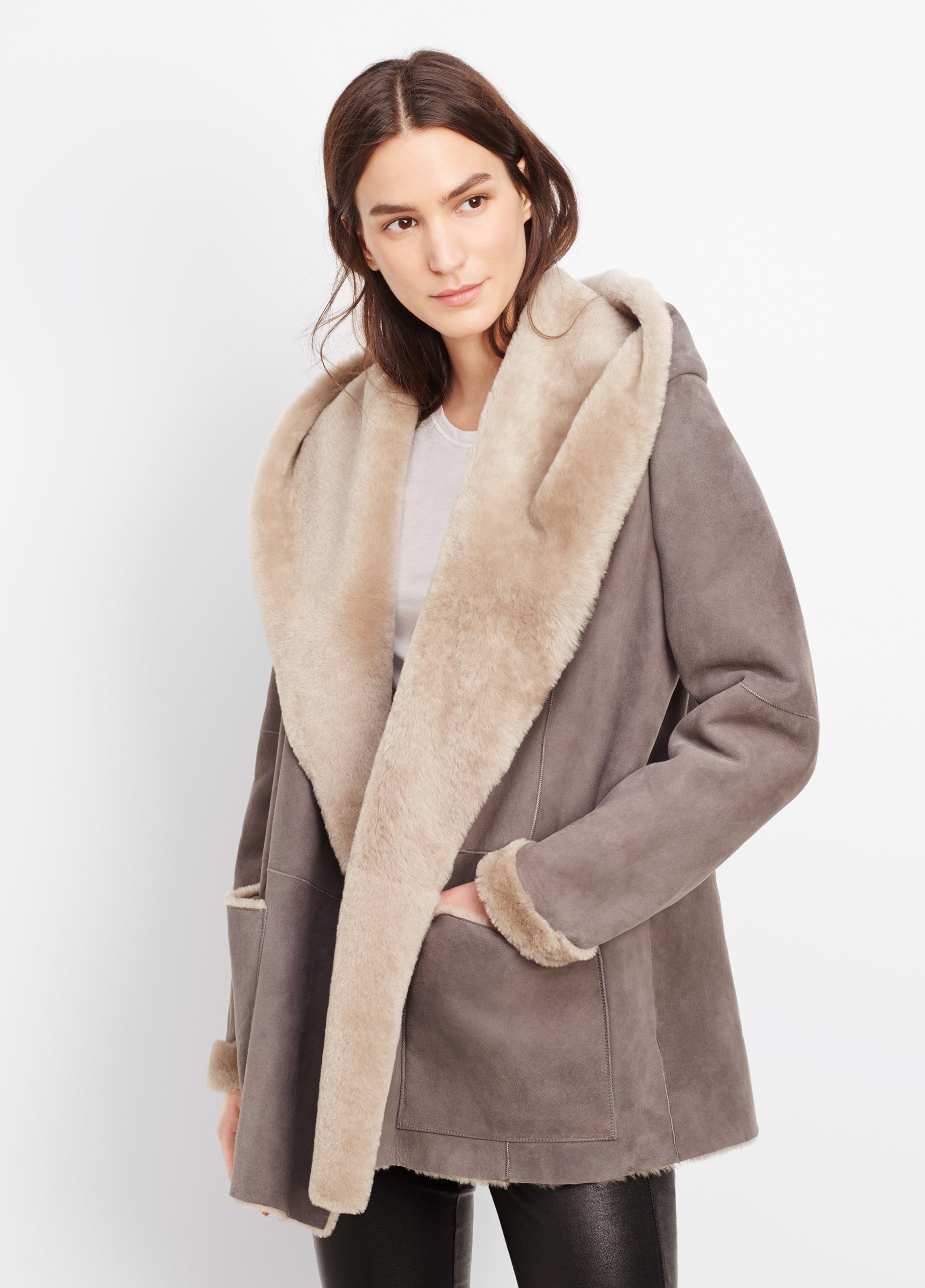 Vince Shearling Drape Coat With Hood in Gray | Lyst