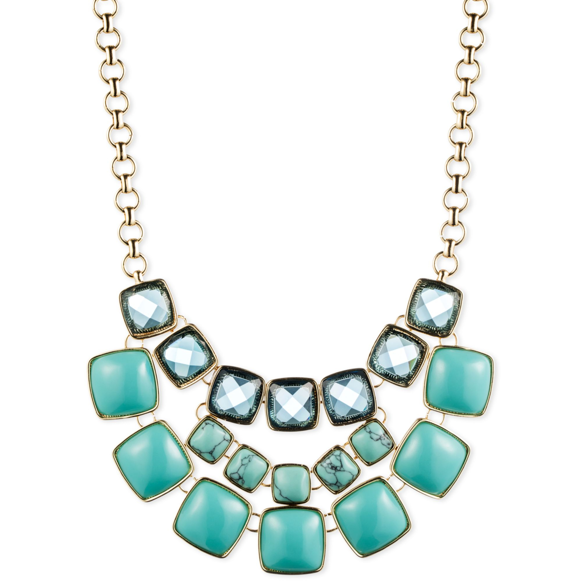 Anne Klein Goldtone Turquoise and Aqua Bead Threerow Frontal Necklace ...