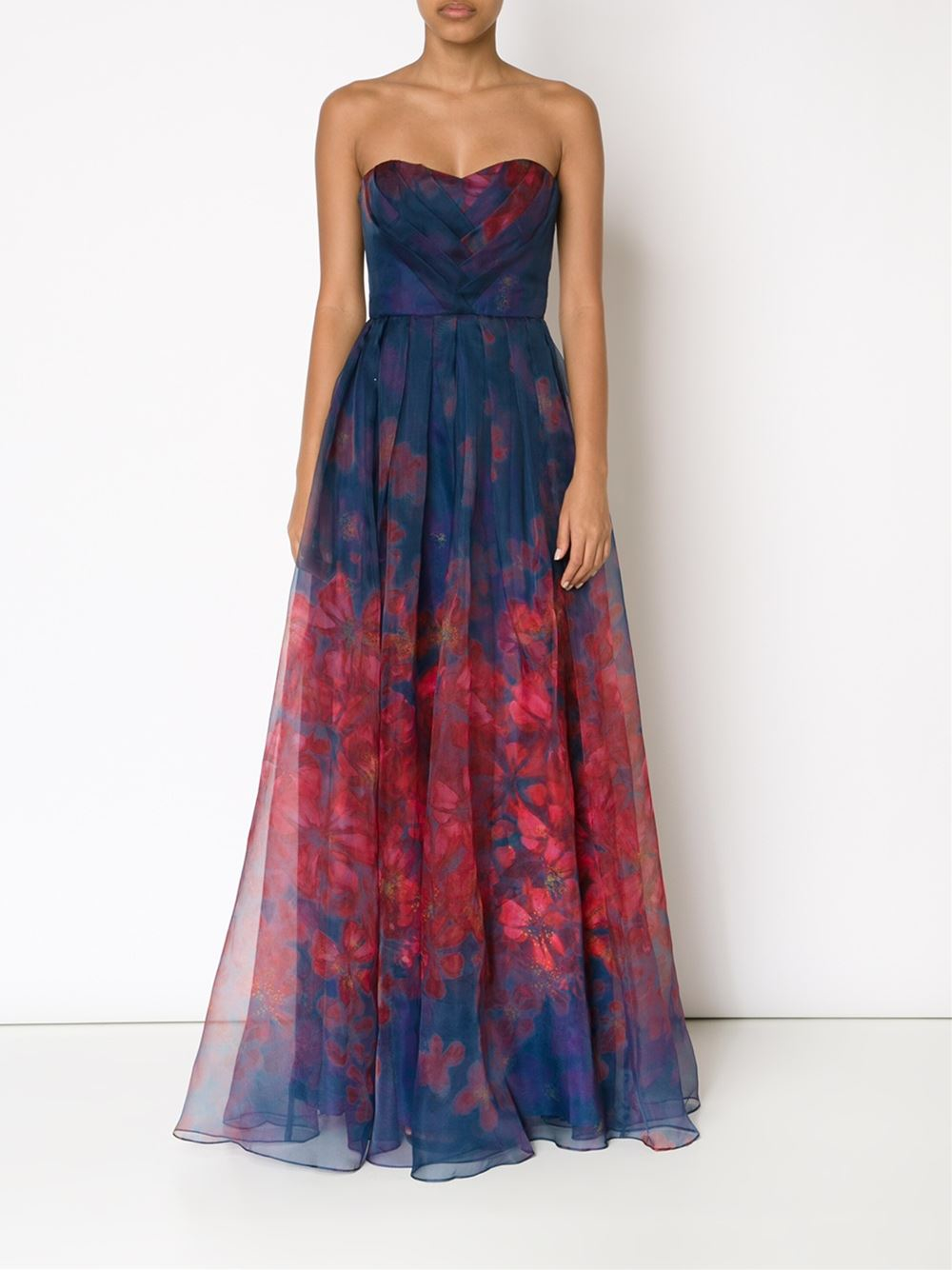 Lyst - Badgley Mischka Floral-Print Silk Strapless Gown in Blue