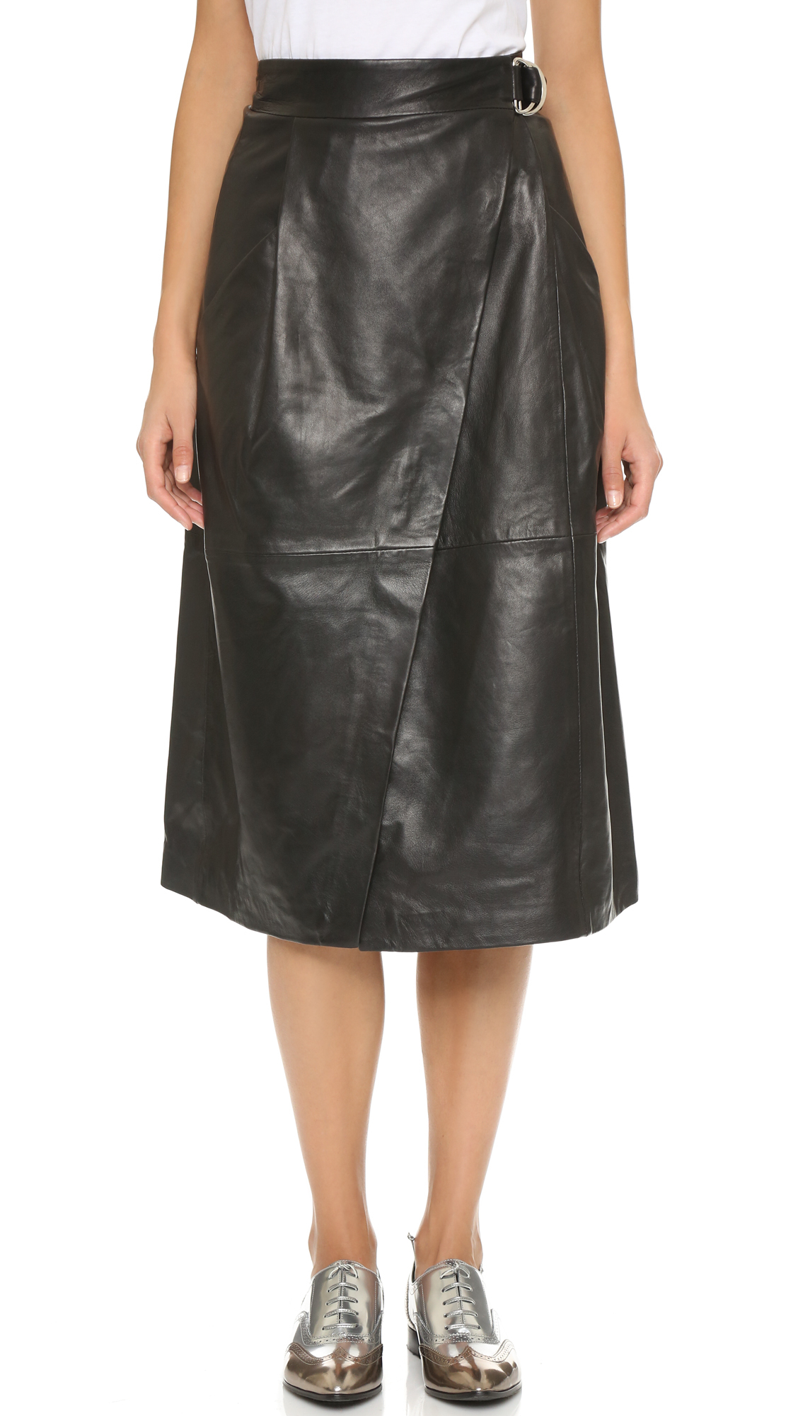 Whistles Wrap Leather Midi Skirt - Black in Black | Lyst