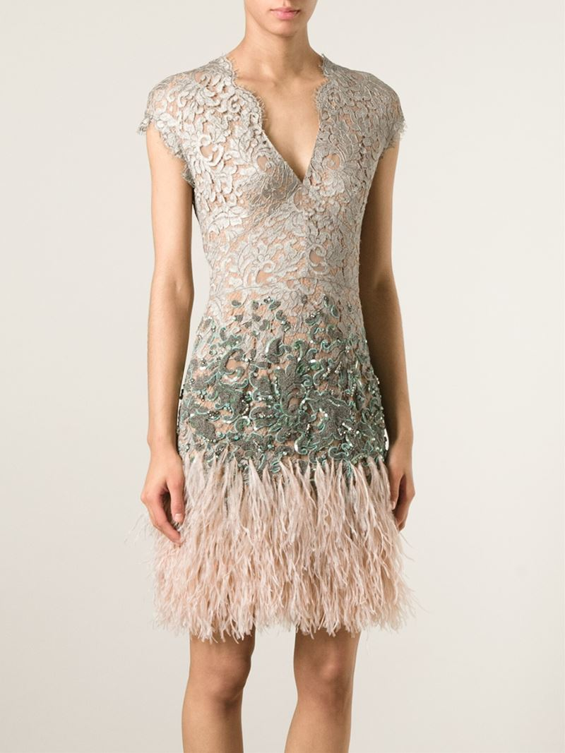 Matthew Williamson Ostrich Feather Trim Lace Dress In Natural Lyst Gallery