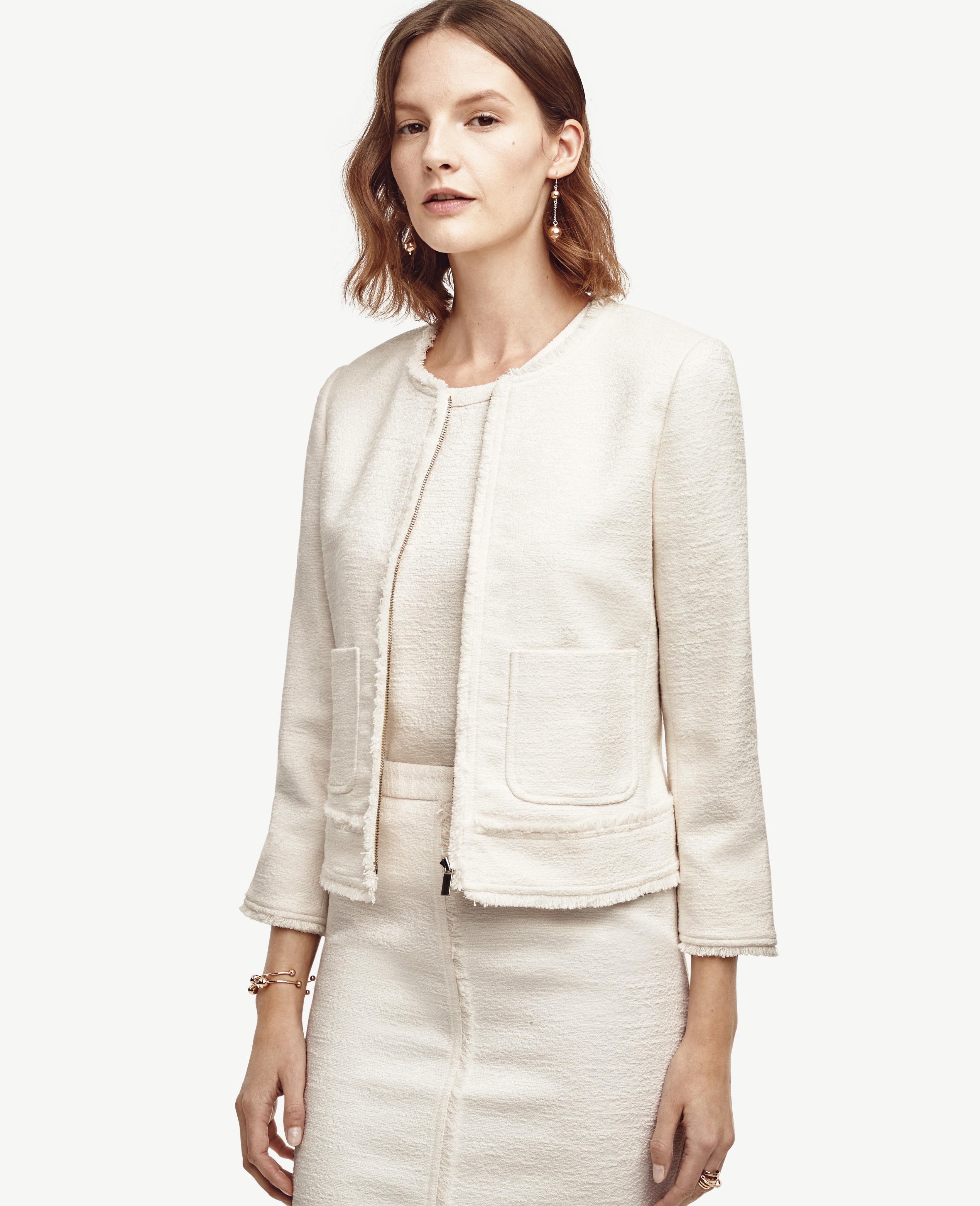 Ann taylor Petite Fringed Tweed Jacket in White | Lyst