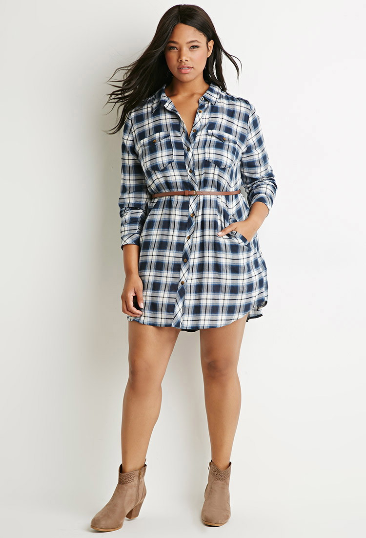 Lyst Forever 21 Plus Size Belted  Plaid  Shirt  Dress  in Blue