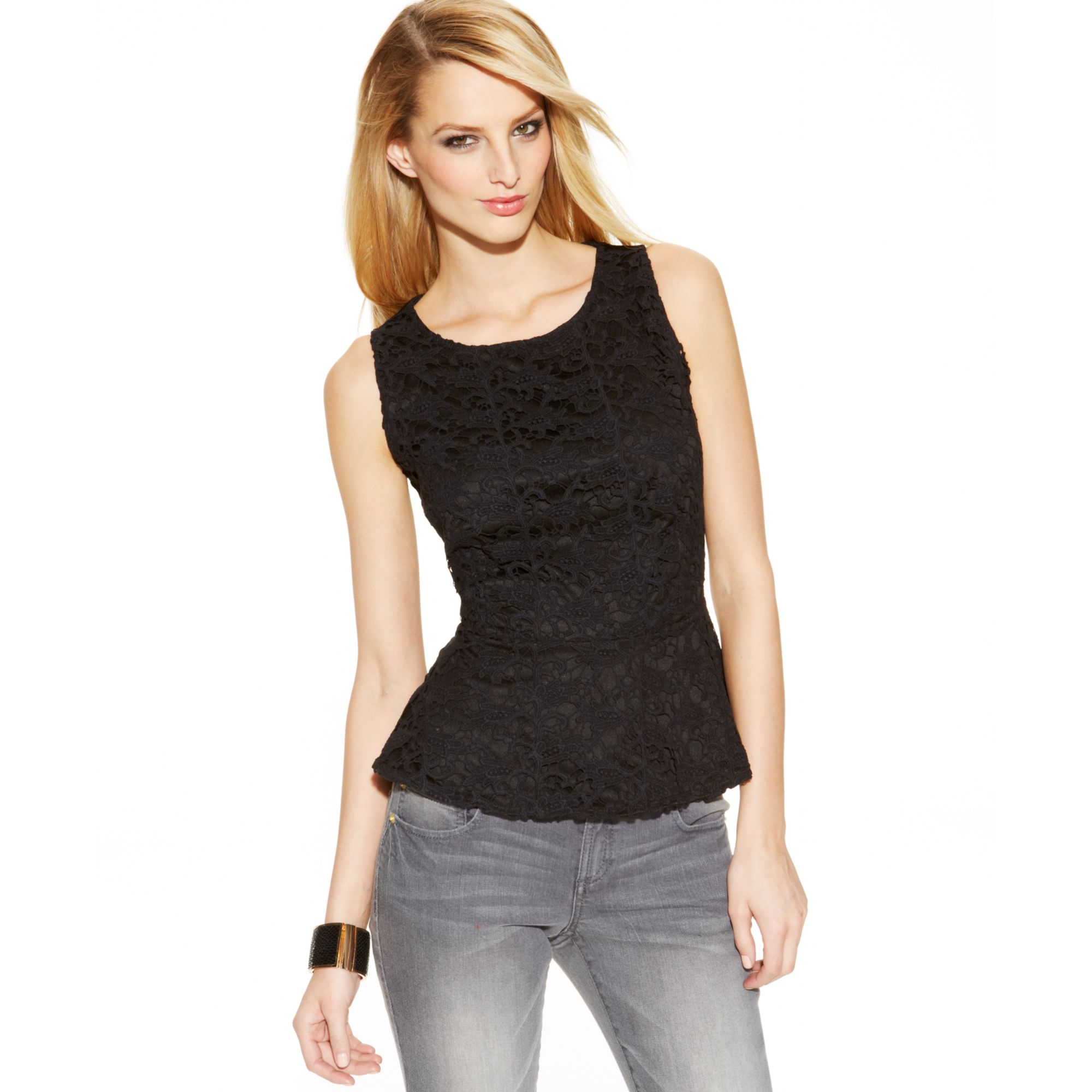 Lyst - Inc International Concepts Sleeveless Lace Peplum Top in Black