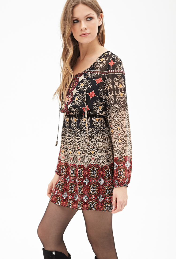 Forever 21 Contemporary Print Chiffon Dress In Brown Lyst Gallery