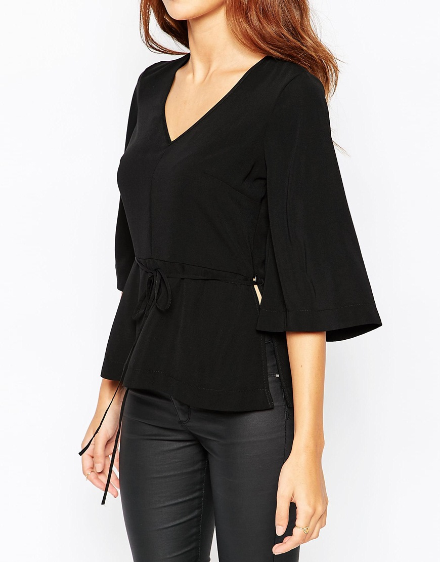 ASOS V Neck Kimono Sleeve Top With Skinny Tie in Black Lyst