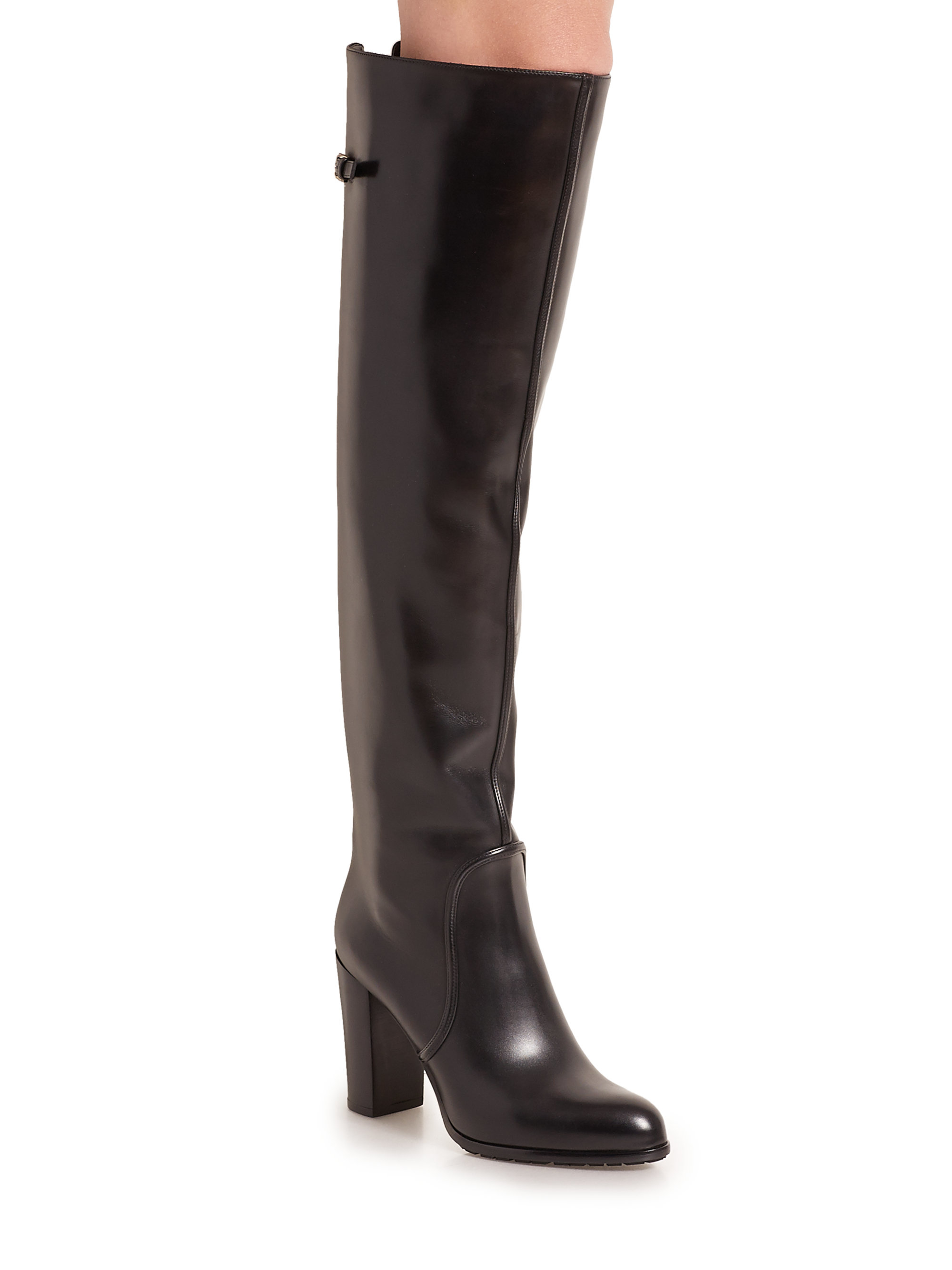 black leather knee high buckle boots