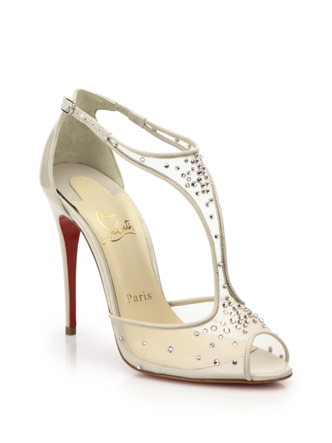 Christian louboutin Patinana Crystal Mesh T-strap Sandals in Gold ...