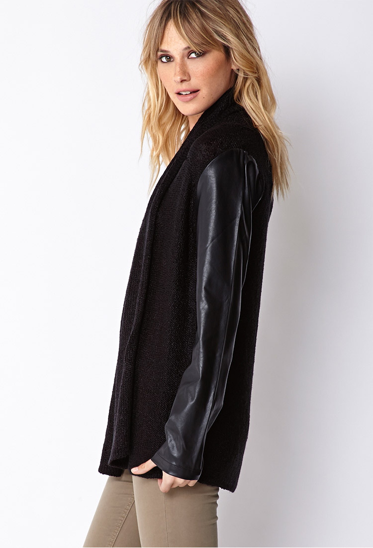 Lyst - Forever 21 Contemporary Remixed Faux Leather Cardigan in Black