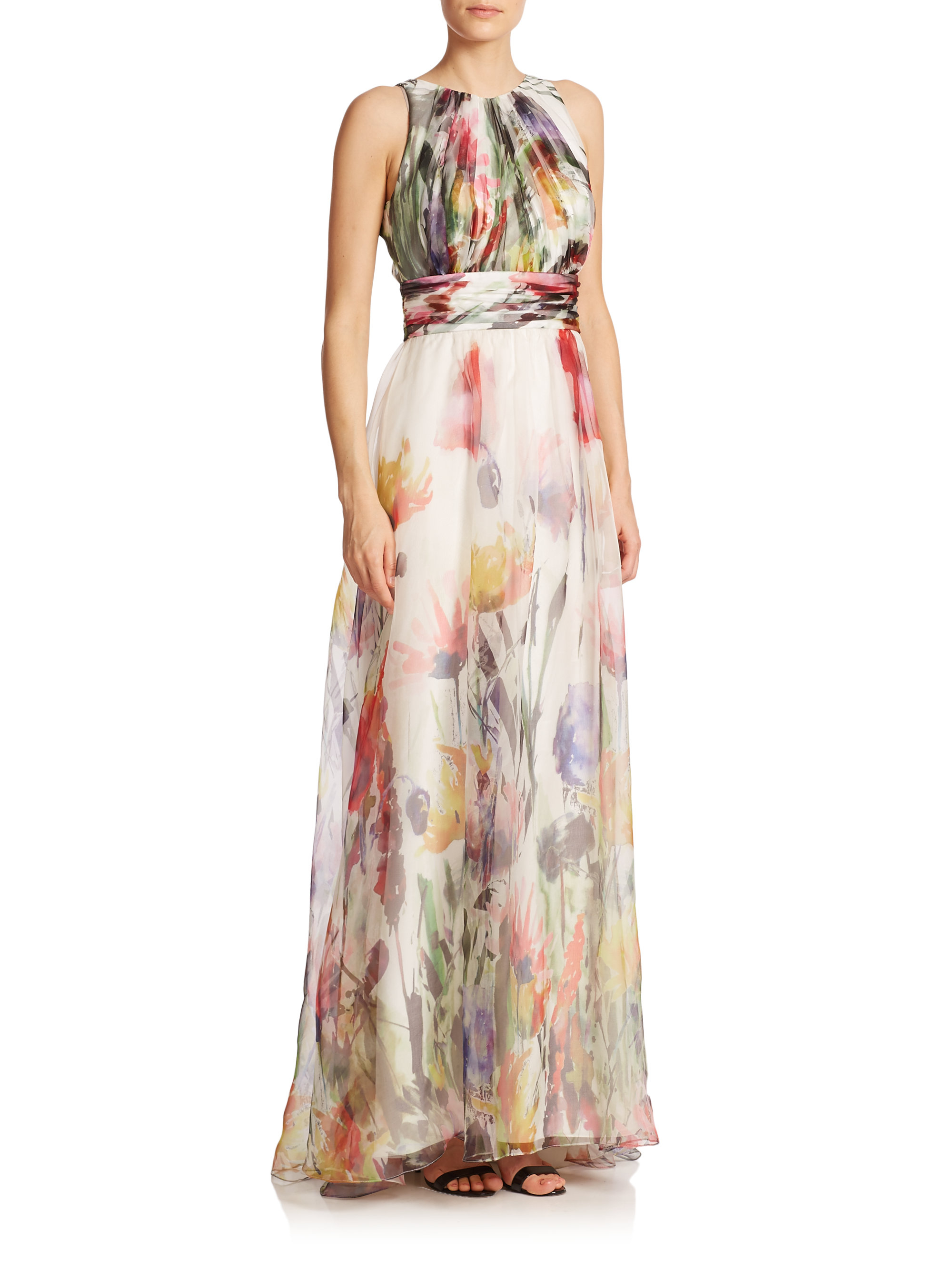 Lyst - Badgley Mischka Floral-print Silk Organza Gown in Pink