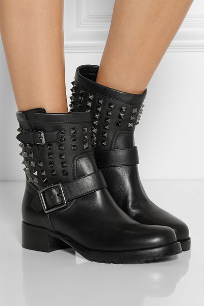 Valentino Studded Leather Biker Boots in Black | Lyst