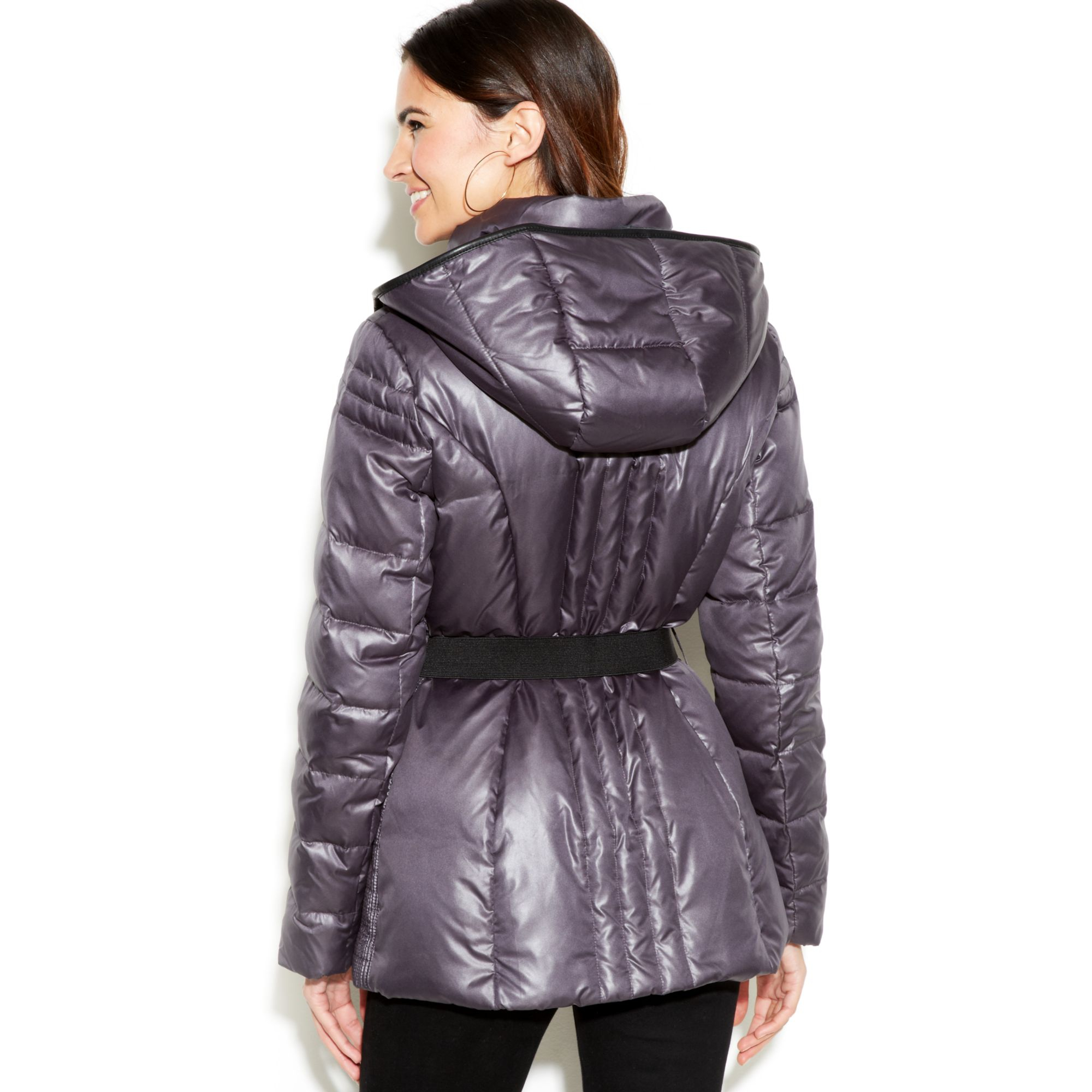 hooded belted puffer coat