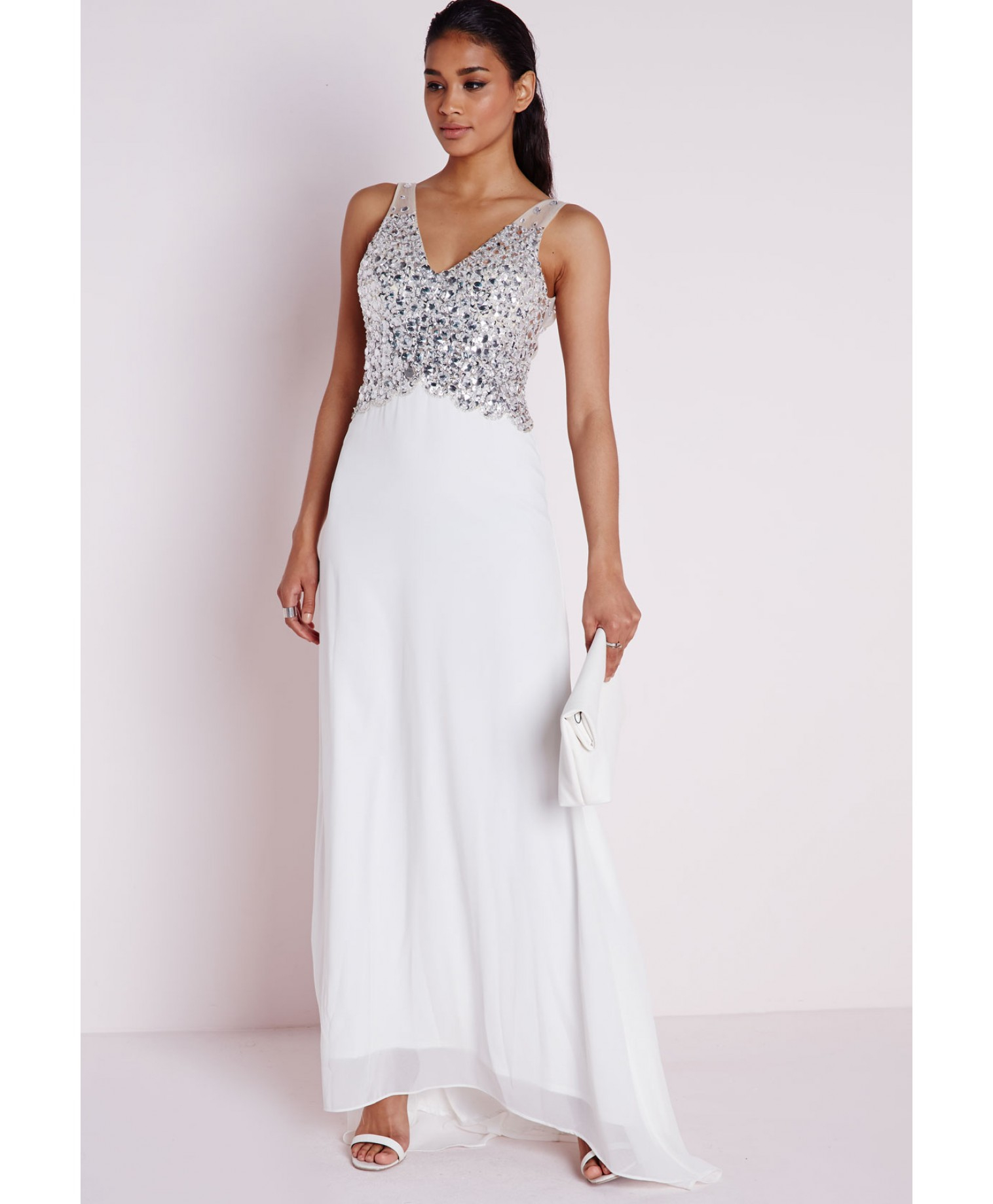 Missguided Embellished Maxi Dress White in Metallic | Lyst