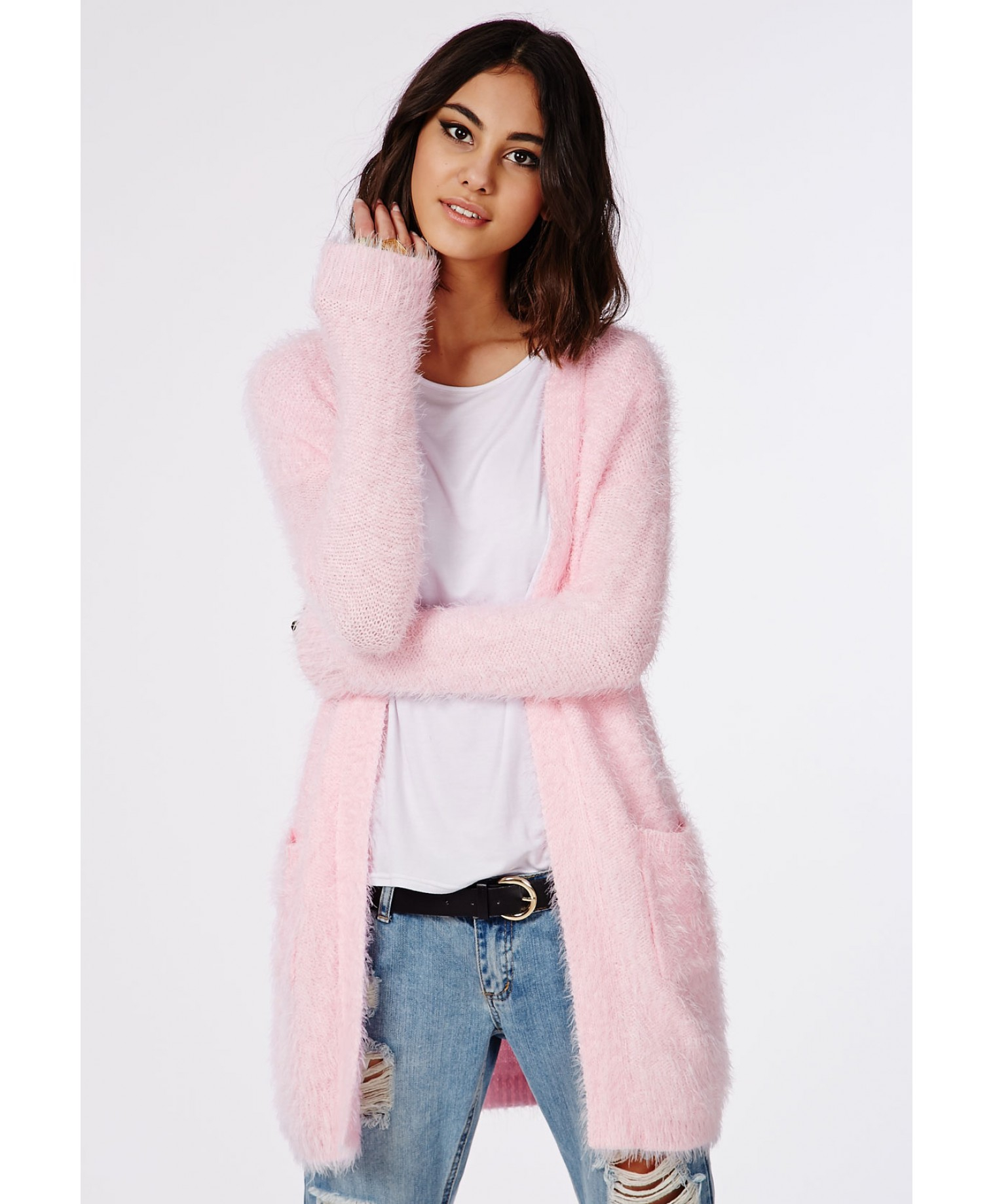 Missguided Ceris Knitted Fluffy Cardigan Baby Pink in Pink